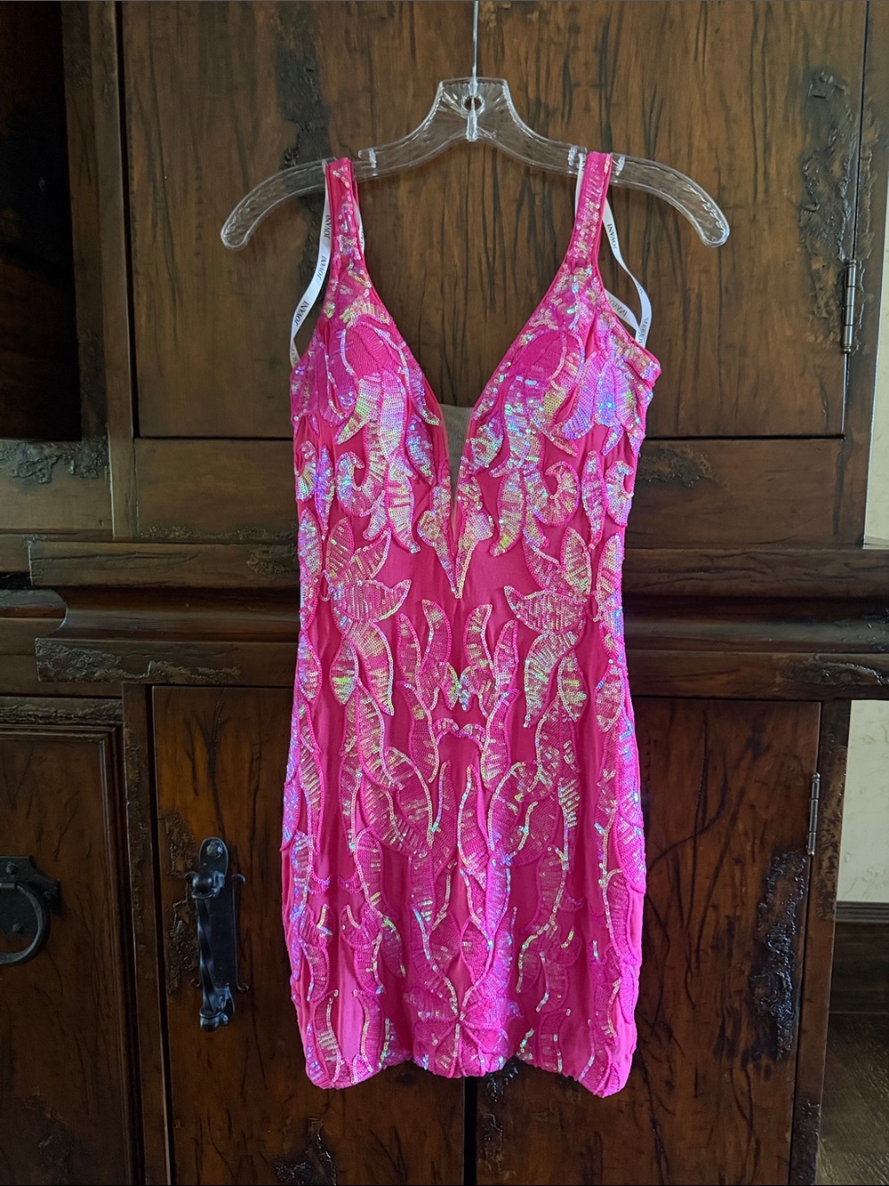 Jovani style 3263 custom Hot Pink Iridescent Sequin dress cut to a mini